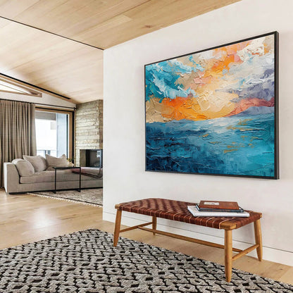 “Textured Seaside Sunset” Impasto Oil Painting On Canvas DKH503