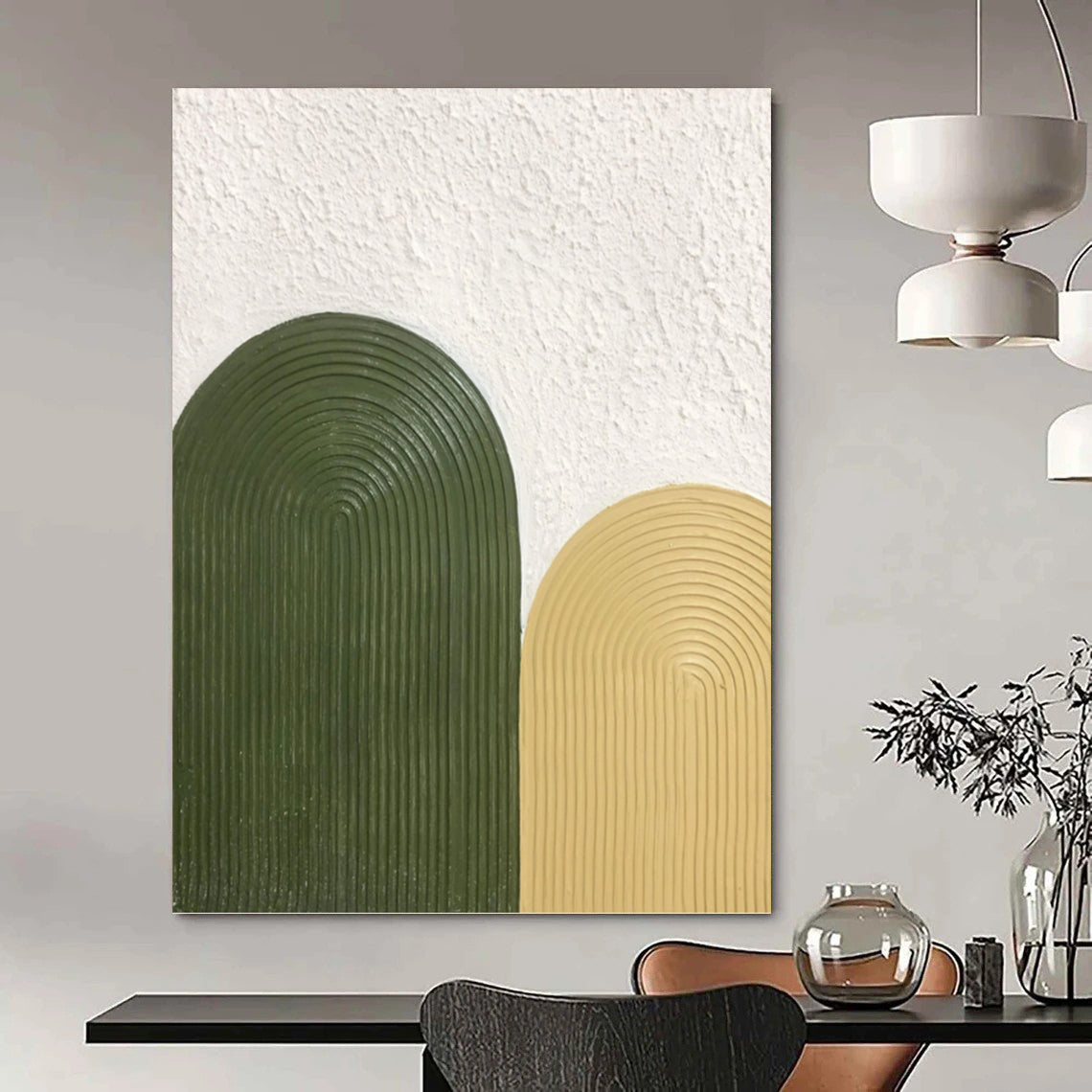 “Olive & Mustard Arches” - Green & Yellow Textured Curves Painting On Canvas DKH1176