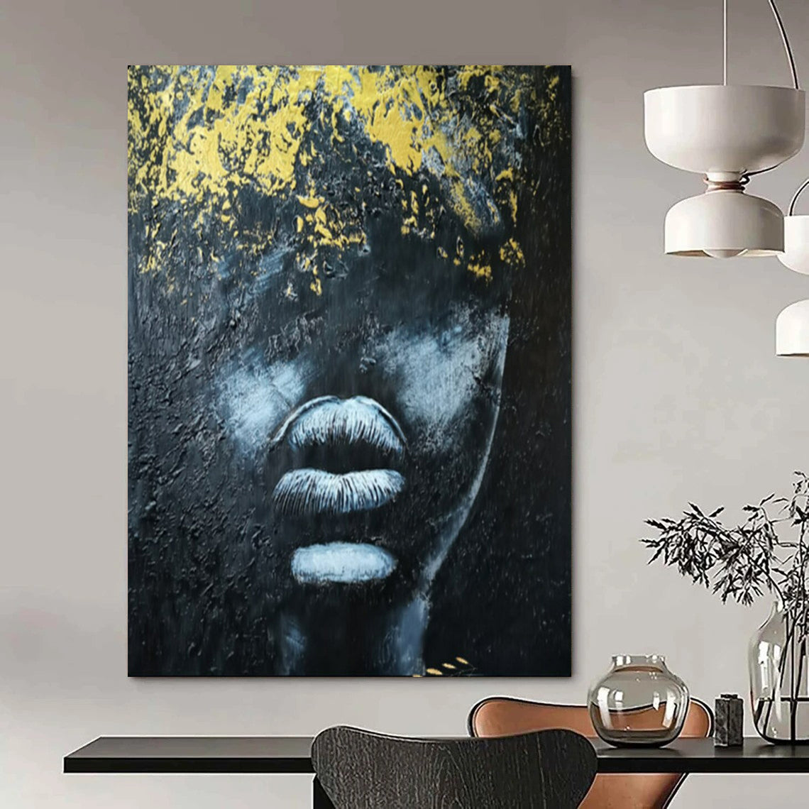“Textured Black and Gold Portrait” – Abstract Impasto Portrait Painting On Canvas CT2153