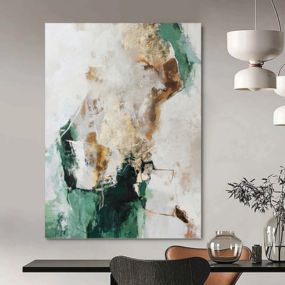 “Green, Gold & White Abstract” - Green, Gold & White Modernist Painting On Canvas DKH1008