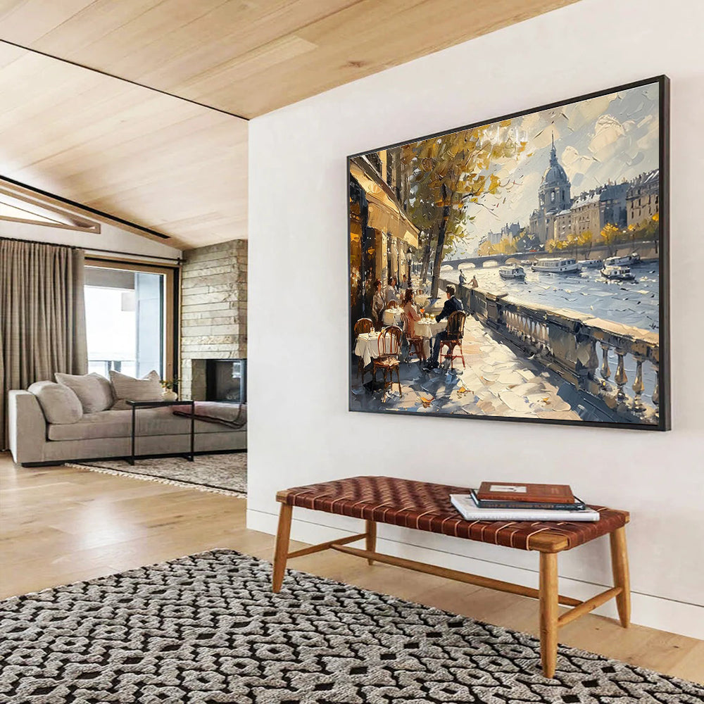Parisian Riverside CafScene Painting On Canvas DKH666