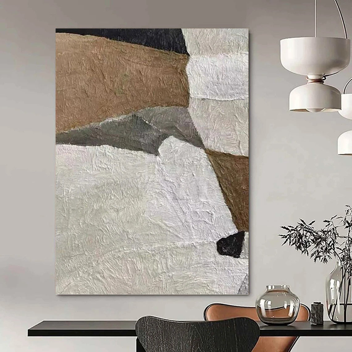 Beige, Gray, and Black Textured Collage - Abstract Painting On Canvas DKH1140