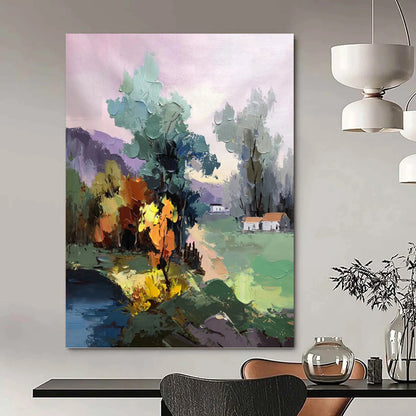 Colorful Village in Pastel Hues - Impressionistic Landscape Painting On Canvas DKH1289