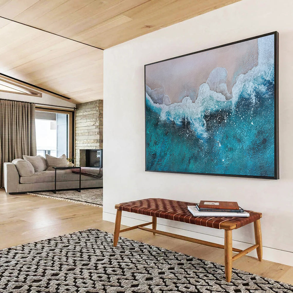 “Blue, White, Textured Shoreline ‘Aerial Beach View’” - Textured Seascape Painting On Canvas DLZ040