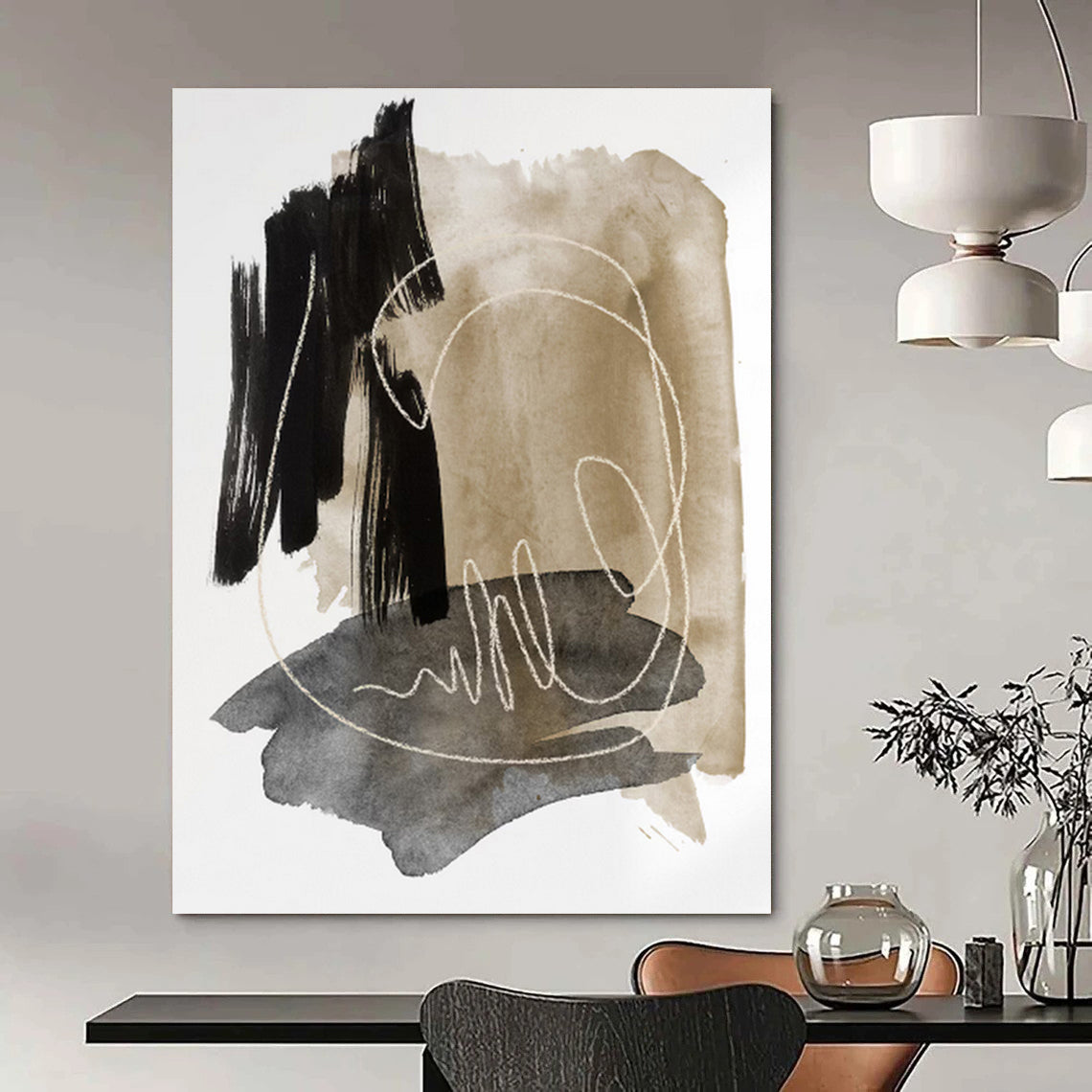 “Ink - Wash Abstract with White Lines” - Black, Beige & Gray Watercolor - Style Painting On Canvas DKH0969