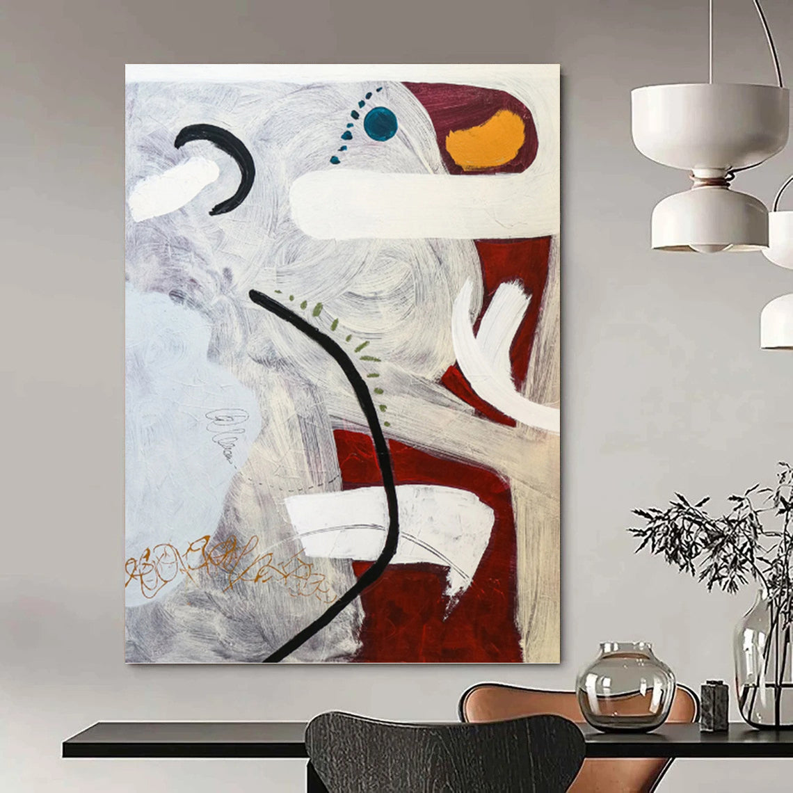 “Gray - Toned Abstract with Red, White, and Colorful Accents” - Expressive Abstract Painting On Canvas DKH1108