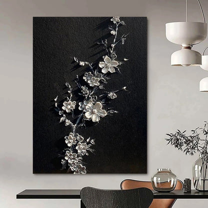 “Silver Blossoms” - Black & Silver 3D Floral Textured Painting On Canvas DKH1543