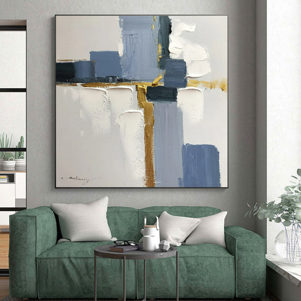 “Blue - White - Gold Geometric Abstraction” ，Abstract Acrylic Painting CT0805