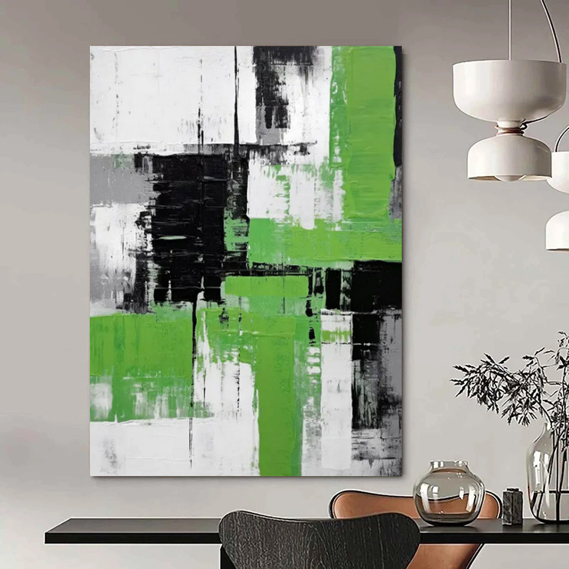 Black, White & Green Abstract - Color - Block Abstract Painting On Canvas CT2267