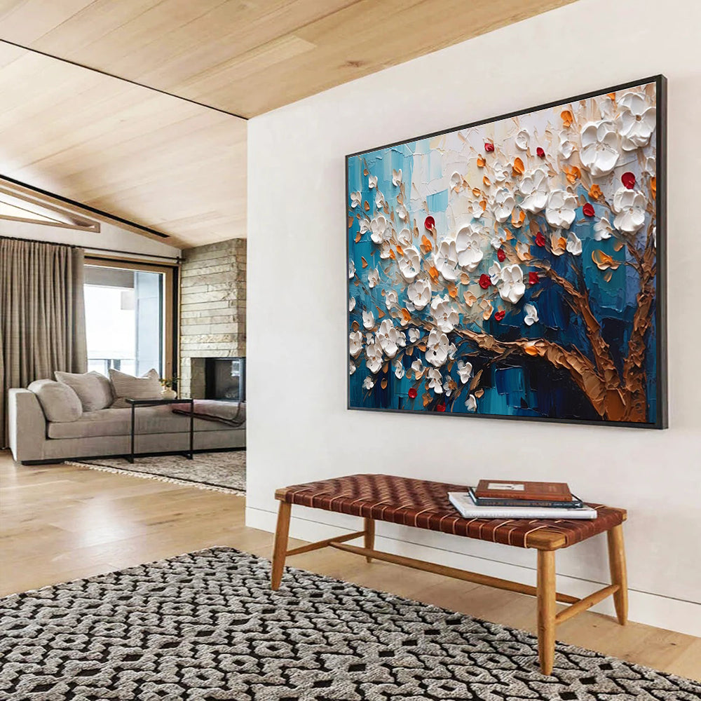 Textured White Flower Tree - White, Orange, Red & Blue Floral Painting On Canvas DKH888