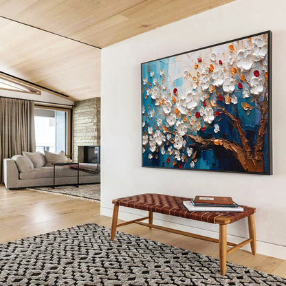 Textured White Flower Tree - White, Orange, Red & Blue Floral Painting On Canvas DKH888