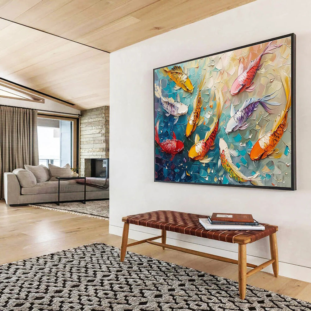 “Koi Celebration” - Colorful, Textured Fish & Water Impasto Painting On Canvas DKH705