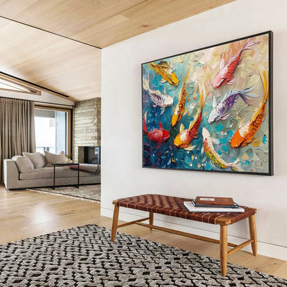 “Koi Celebration” - Colorful, Textured Fish & Water Impasto Painting On Canvas DKH705
