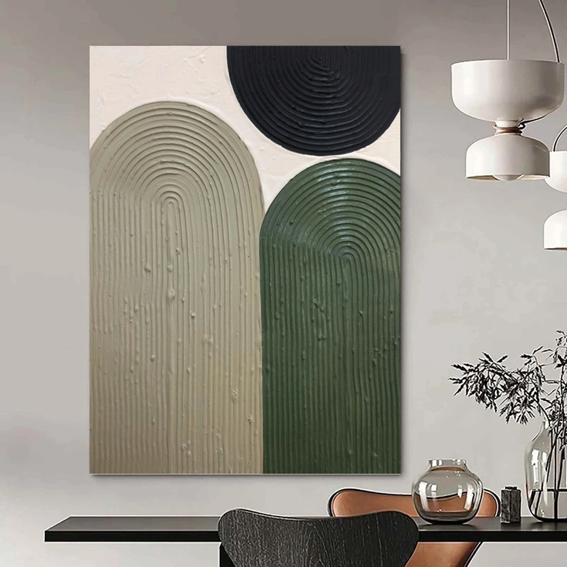 “Earthy Arches” - Black, Beige & Green Textured Curves Painting On Canvas DKH1166