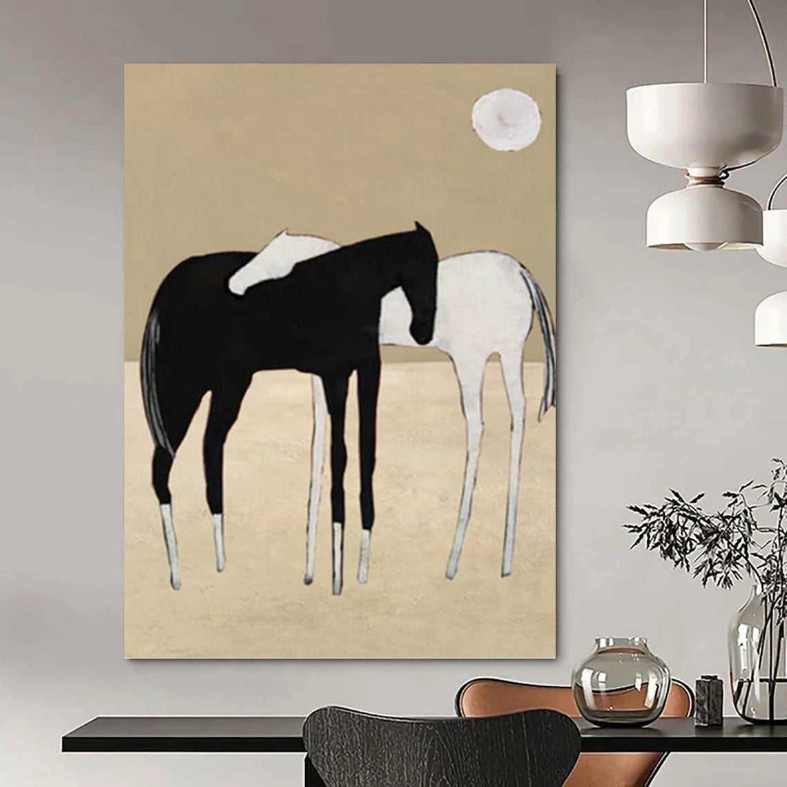 Minimalist Black and White Horses - Abstract Equine Painting On Canvas DKH1410