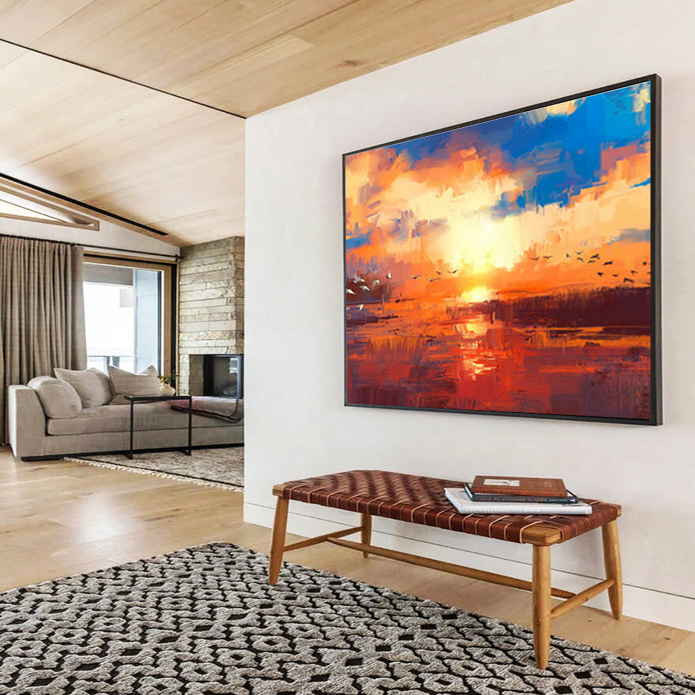 “Vibrant Sunset with Birds” Abstract Landscape Painting On Canvas DKH387