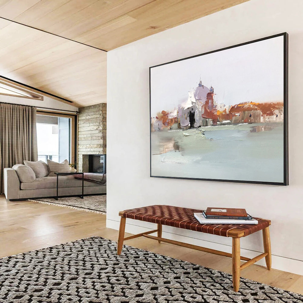 Impressionistic City by Water - Impressionistic Cityscape Painting On Canvas DKH631