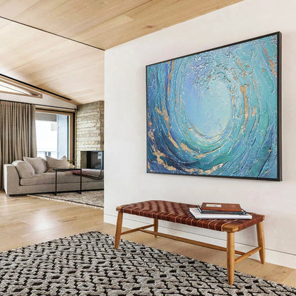 “Swirling Ocean Gold” - Blue, Teal & Gold Textured Wave Painting On Canvas DLZ254