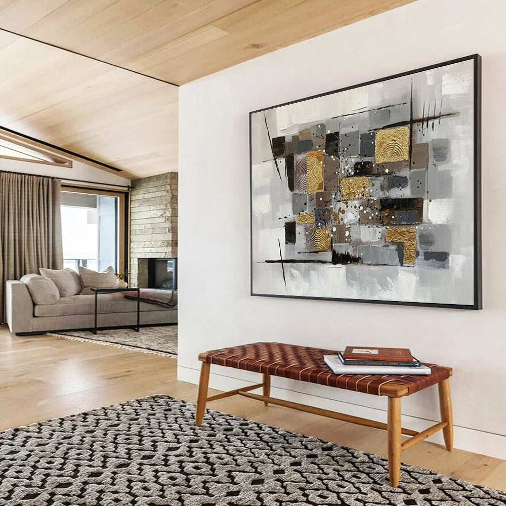 “Neutral Tones & Gold Geometric Collage” Abstract Mixed - Media Painting On Canvas DKH353