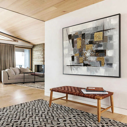 “Neutral Tones & Gold Geometric Collage” Abstract Mixed - Media Painting On Canvas DKH353