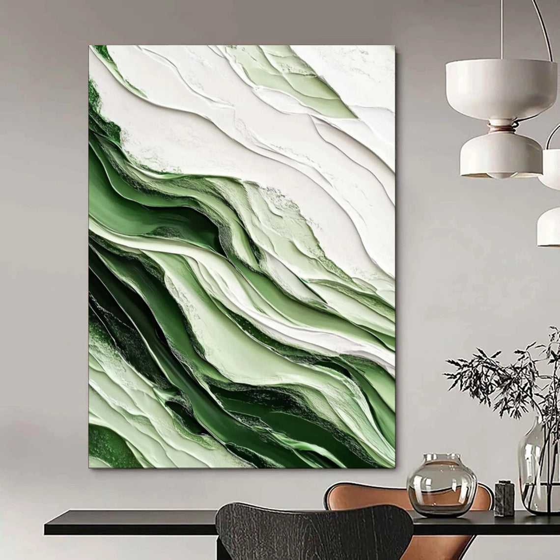 “Emerald and Ivory Waves” – Textured Abstract Acrylic Art CT2069