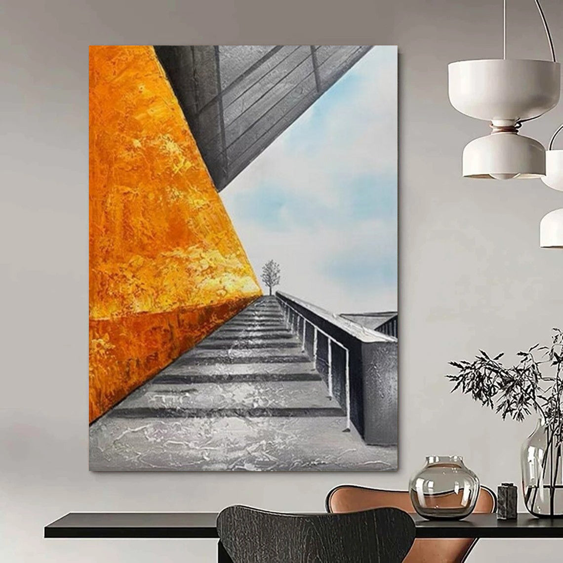 “Golden - Gray Architectural Path” - Orange, Gray, Blue Architectural Scene Painting On Canvas DTP281