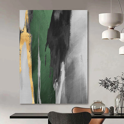 “Gilded Green Streak” - Green, Gold, Gray & White Abstract Brushstrokes Painting On Canvas DKH1522