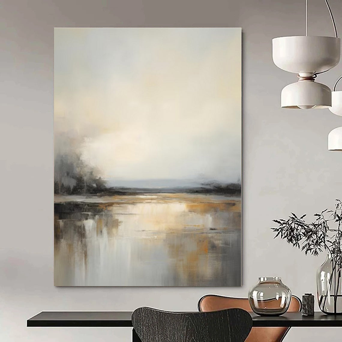 Misty Waterscapes in Grey & Gold - Abstract Landscape Oil CT1284