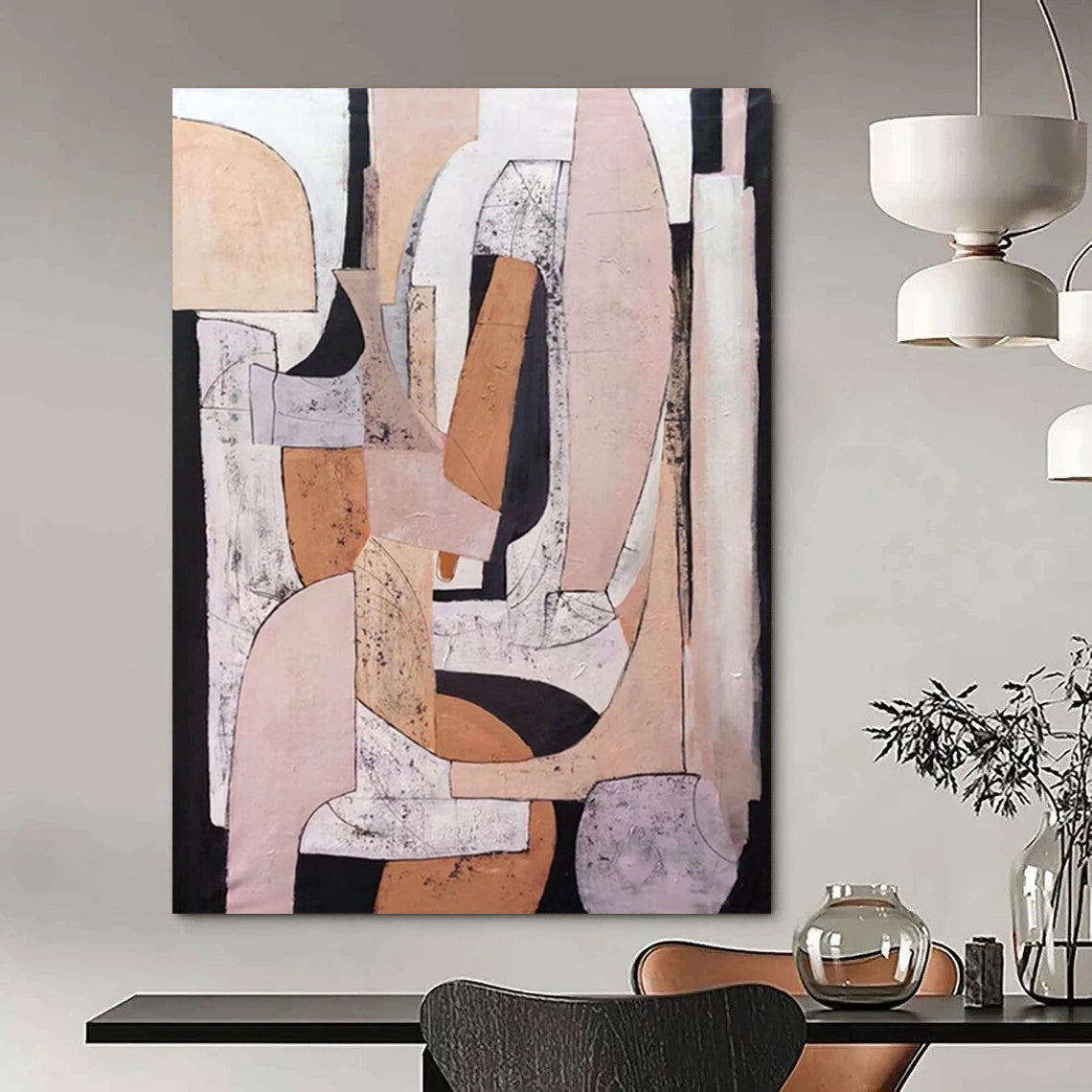 “Neutral Geometric Abstraction” - Beige, Gray, Black Abstract Painting On Canvas DTP252