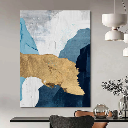 “Elegant Layers” - Blue, White, Gray & Gold Abstract Shapes Painting On Canvas DKH1527