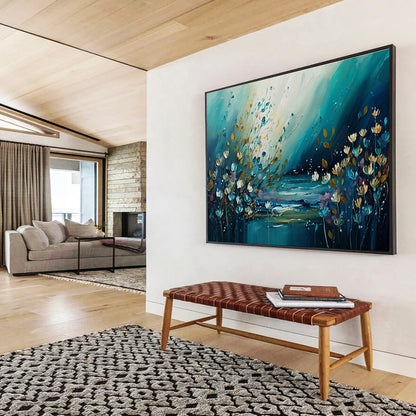 Riverbank Blooms - Teal & Gold Floral Landscape Painting On Canvas DKH879