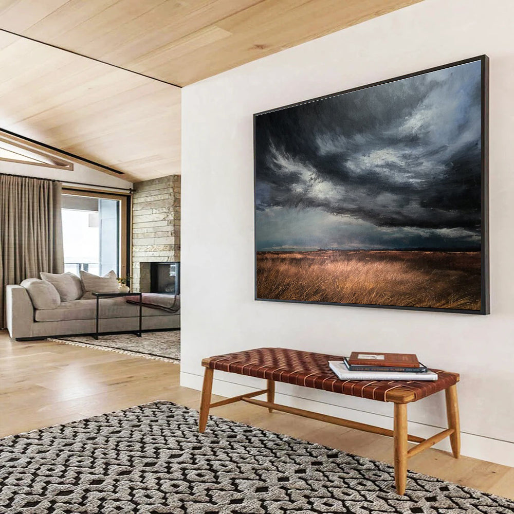 “Dark Stormy Sky Over Fields” - Powerful Landscape Painting On Canvas DKH779