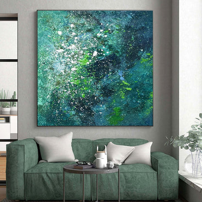 Teal - Green with White Specks, “Underwater Galaxy” - Abstract Acrylic Painting CT0717