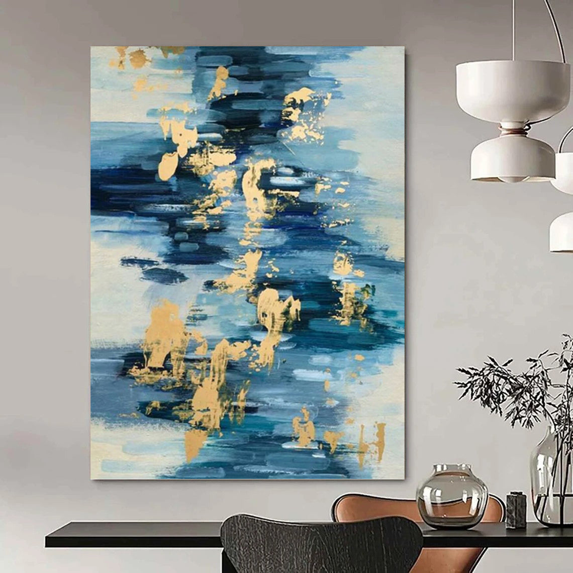 “Blue - Gold Fluid Reflections” - Blue, White & Gold Abstract Water - Inspired Painting On Canvas DKH0931