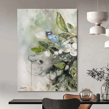 “Blue and Yellow Bird on a Branch” - Nature - Inspired Watercolor Painting On Canvas DKH1085