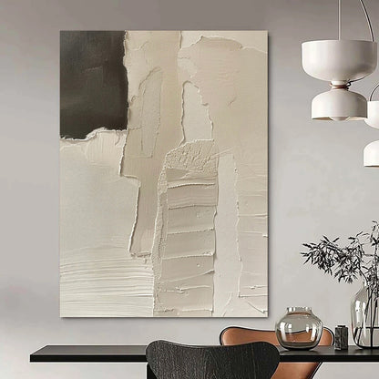 “White Fragmented Story” - White & Black Textured Shapes Painting On Canvas DKH1162