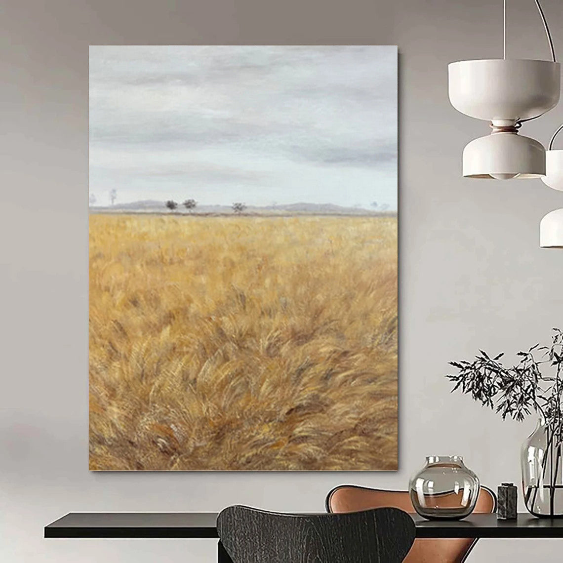 Golden Field Under Gray Sky - Landscape Painting On Canvas DKH1434