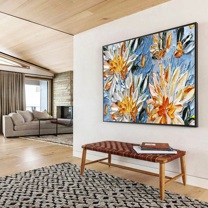 Yellow & White Floral Textures - Blue, Yellow & White Botanical Painting On Canvas DKH896