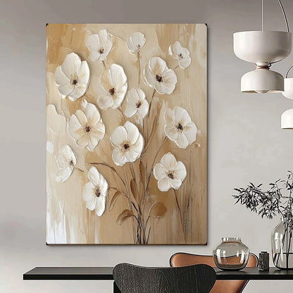“Textured White Flowers on Beige” – Impasto Floral Oil Painting On Canvas CT2155
