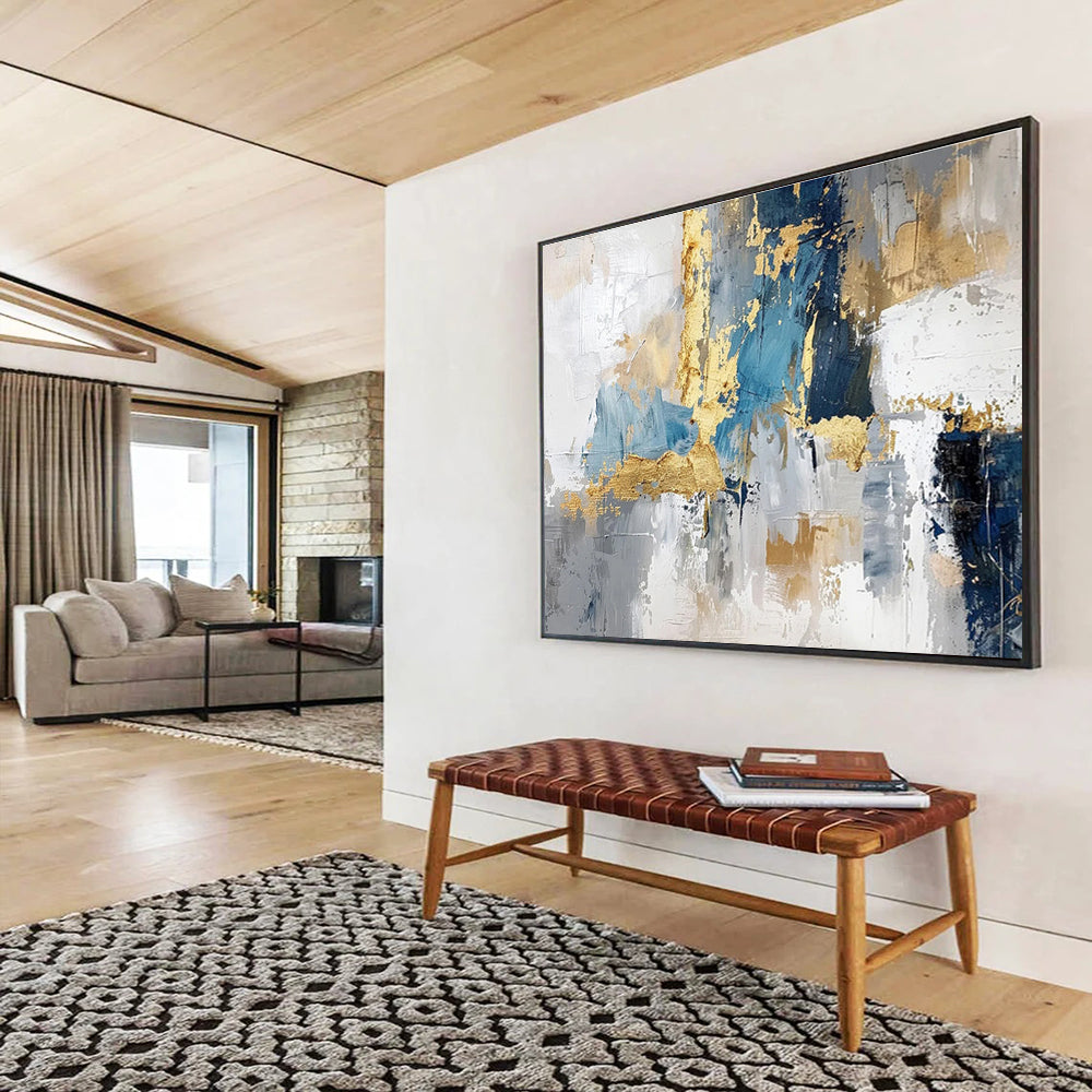 “Blue, Gray & Gold Abstract Fusion” Abstract Textured Painting On Canvas DKH344