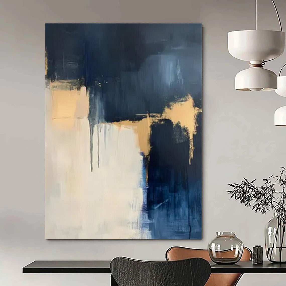 Navy, Gold & White Layers - Abstract Expressionist Acrylic On Canvas CT1310