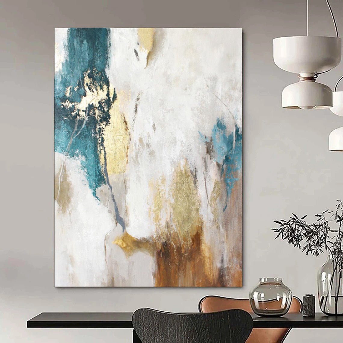“Gold Accents on White and Teal Abstract” - Abstract Acrylic Art CT1924