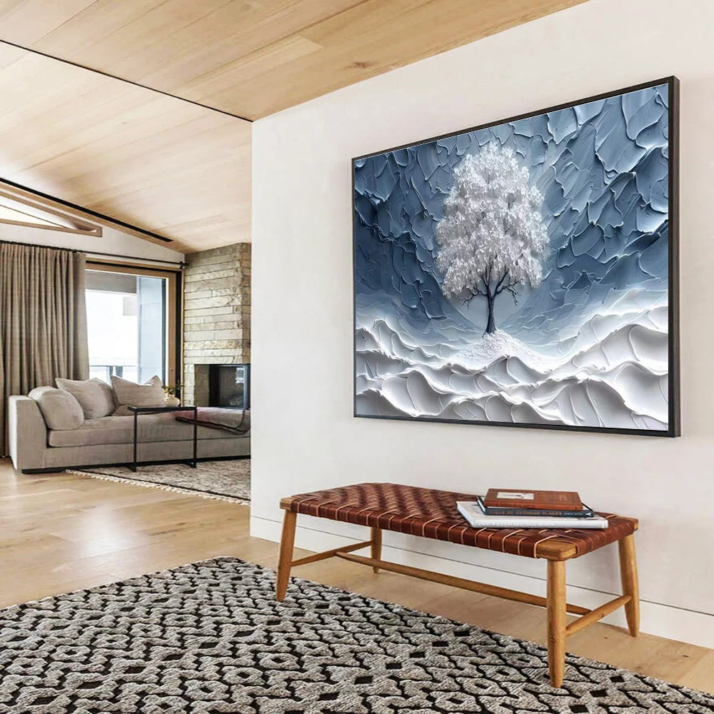 “White Tree in Textured Blue” - Minimalist Impasto Painting On Canvas DKH829