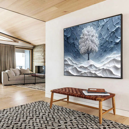 “White Tree in Textured Blue” - Minimalist Impasto Painting On Canvas DKH829