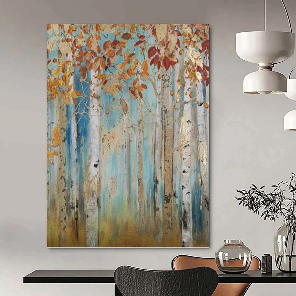 Autumn Birch Forest with Gold Accents - Landscape Painting On Canvas DKH1437