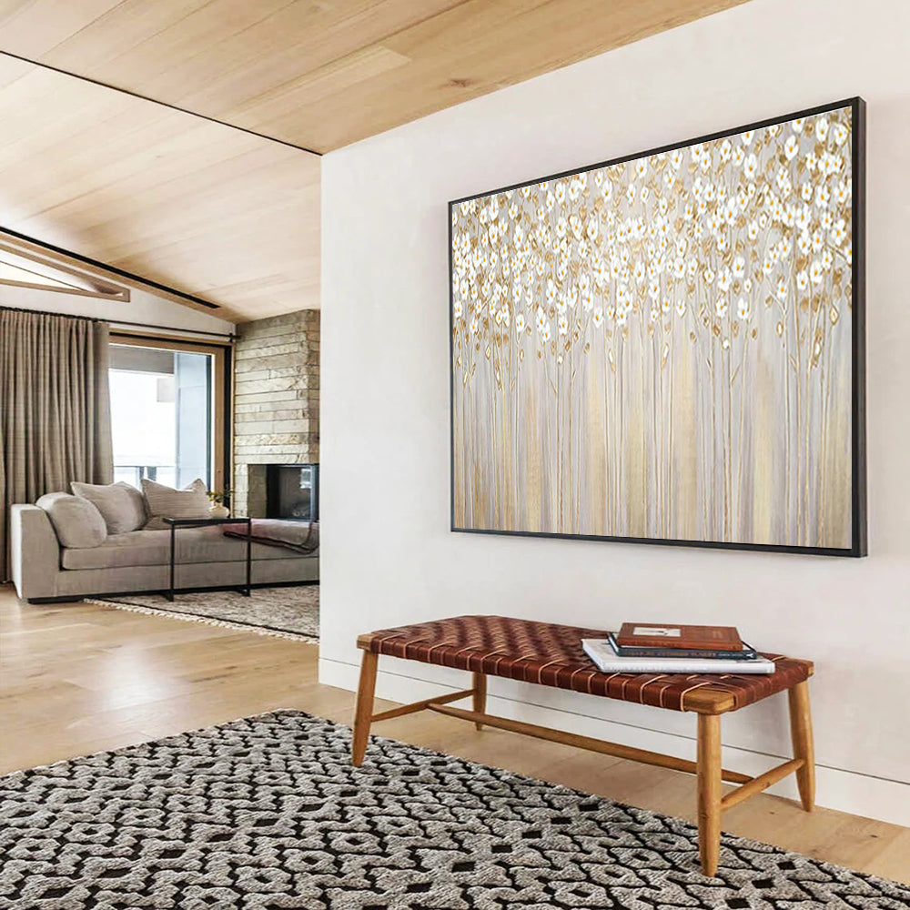 “White Flowers with Gold Stems” - Delicate Floral Painting On Canvas DKH787