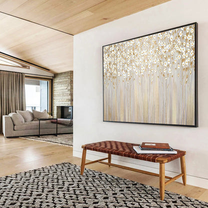 “White Flowers with Gold Stems” - Delicate Floral Painting On Canvas DKH787