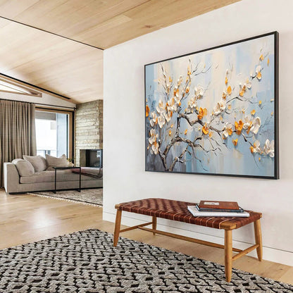 Blooming Tree with White and Orange Flowers - Impasto Floral Painting On Canvas DLZ202