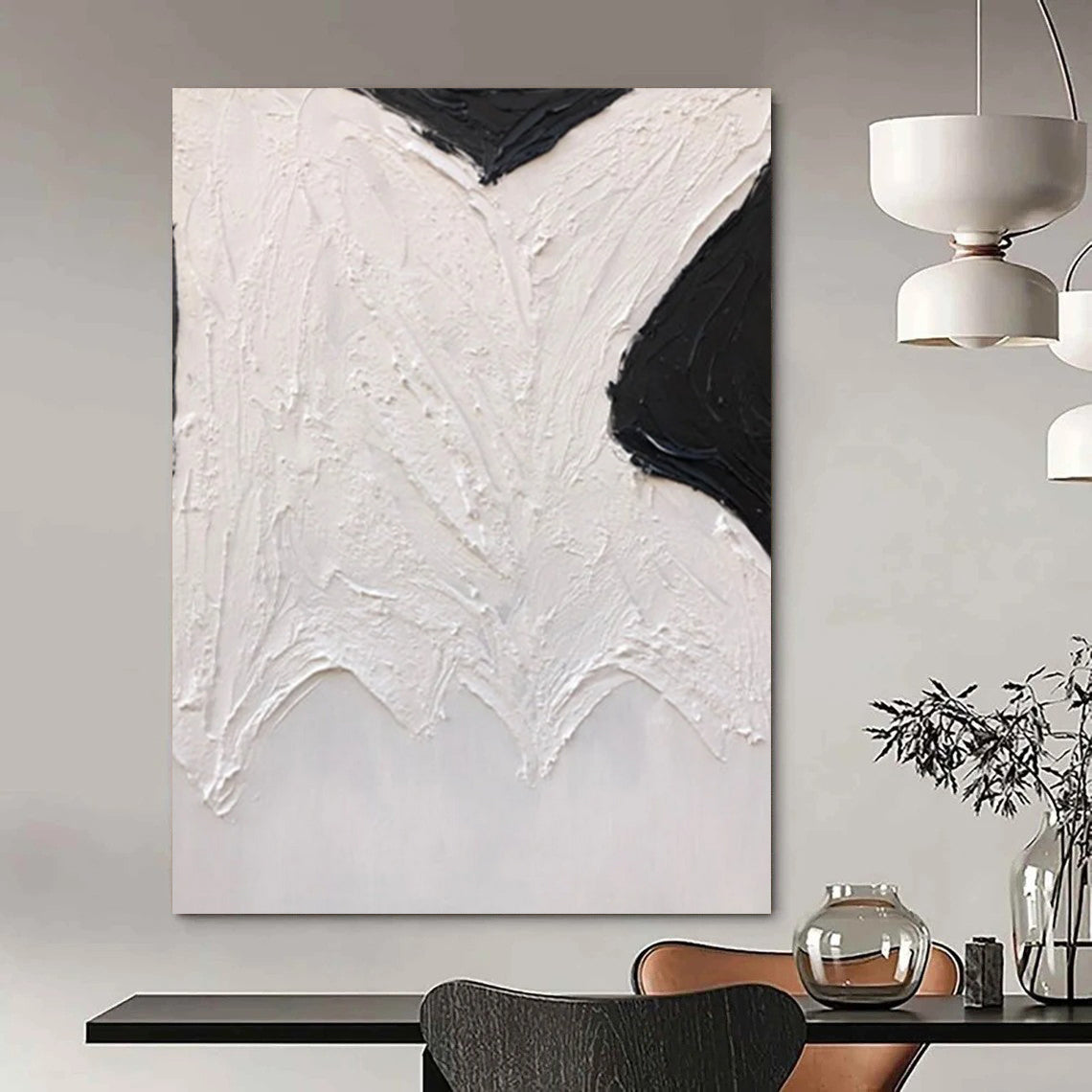 “Black, White Textured Shapes ‘Abstract Wings’” - Impasto Abstract Painting On Canvas DTP405
