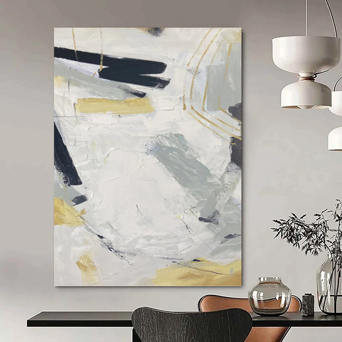 “Elegant Gray & Gold Abstract” - Gray, White & Gold Abstract Textured Painting On Canvas DKH1587